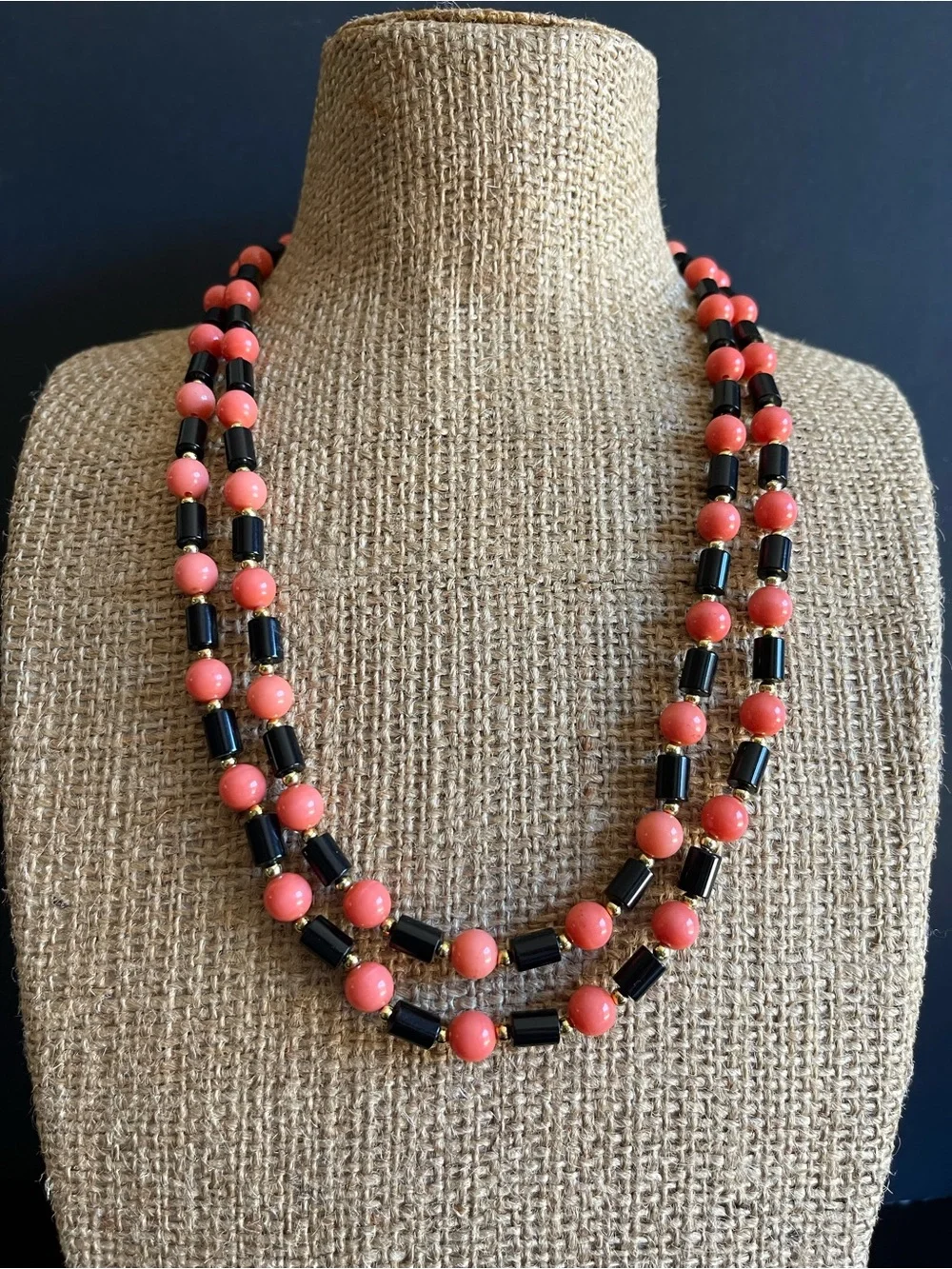 Vintage Coral color and Black Beaded Necklace